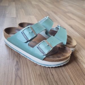 Papillio Birkenstock Arizona Icy Metallic Ocean Breeze Slide Sandals Platform 7